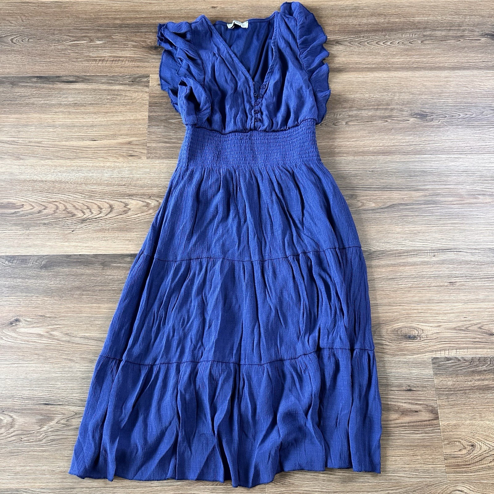 J GEE Tiered Midi Dress Boho Blue Sleeveless Dress Petite Large Flutter Sleeves