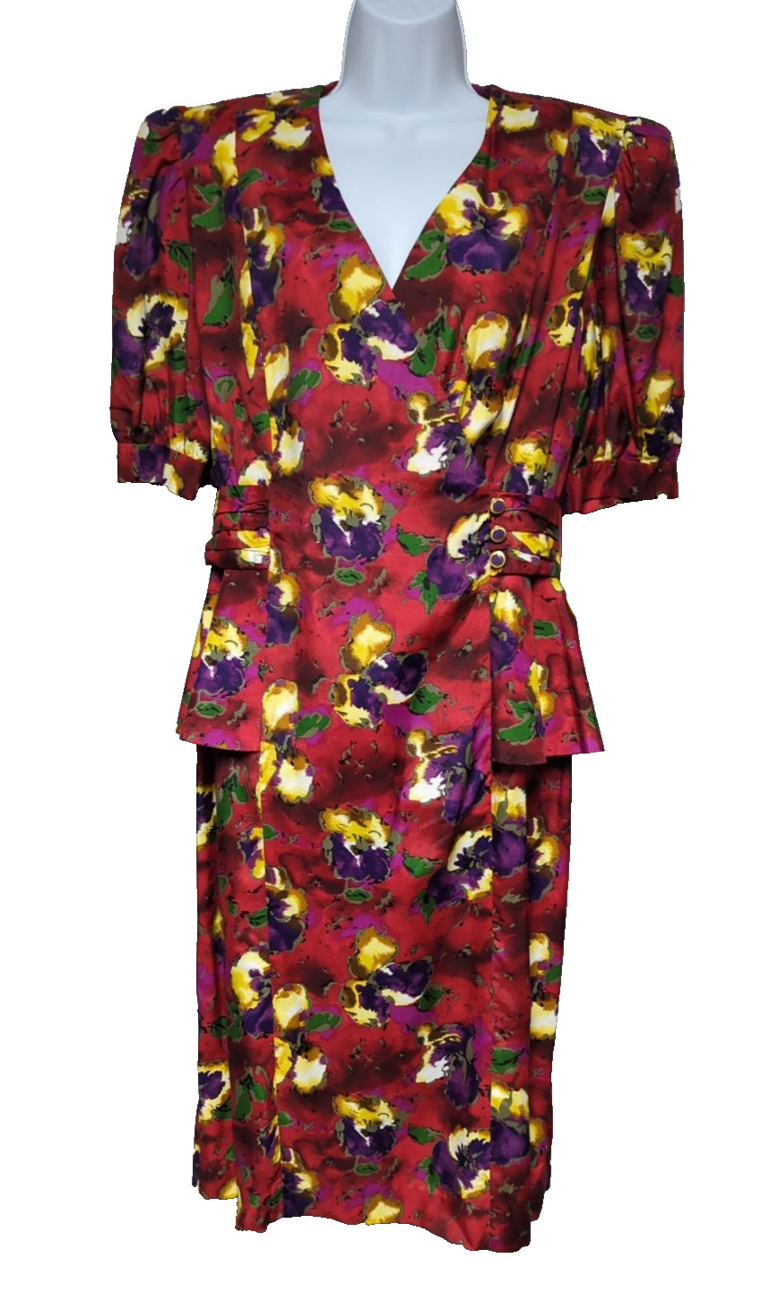 Vintage 80s David Warren Dress Size 14 Floral Puff Sleeve Peplum Retro Office