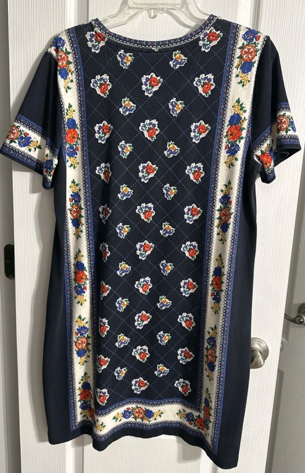 Tory Burch Women Large Navy 100% Pima Cotton Tea Rose Border T-Shirt Shift Dress