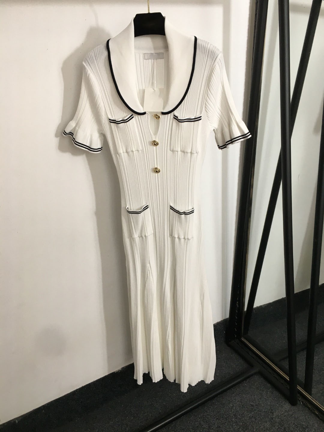 Sandr* French Elegant Temperament Lapel Horn Short Sleeve Knit Dress Long Skirt