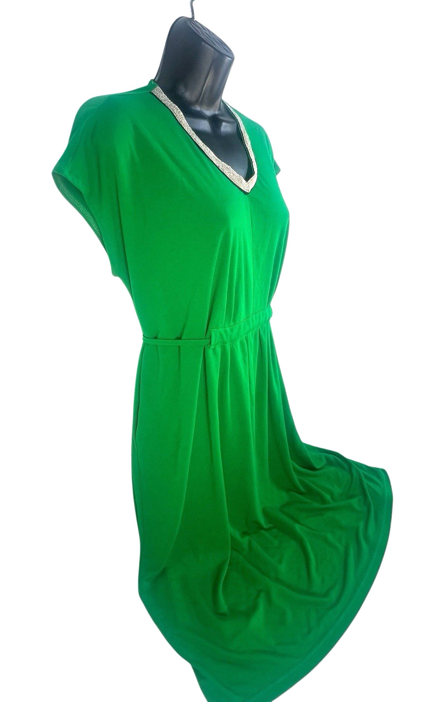 Z & I emerald green silver beaded selft tie pima cotton blend shift dress sz L/M