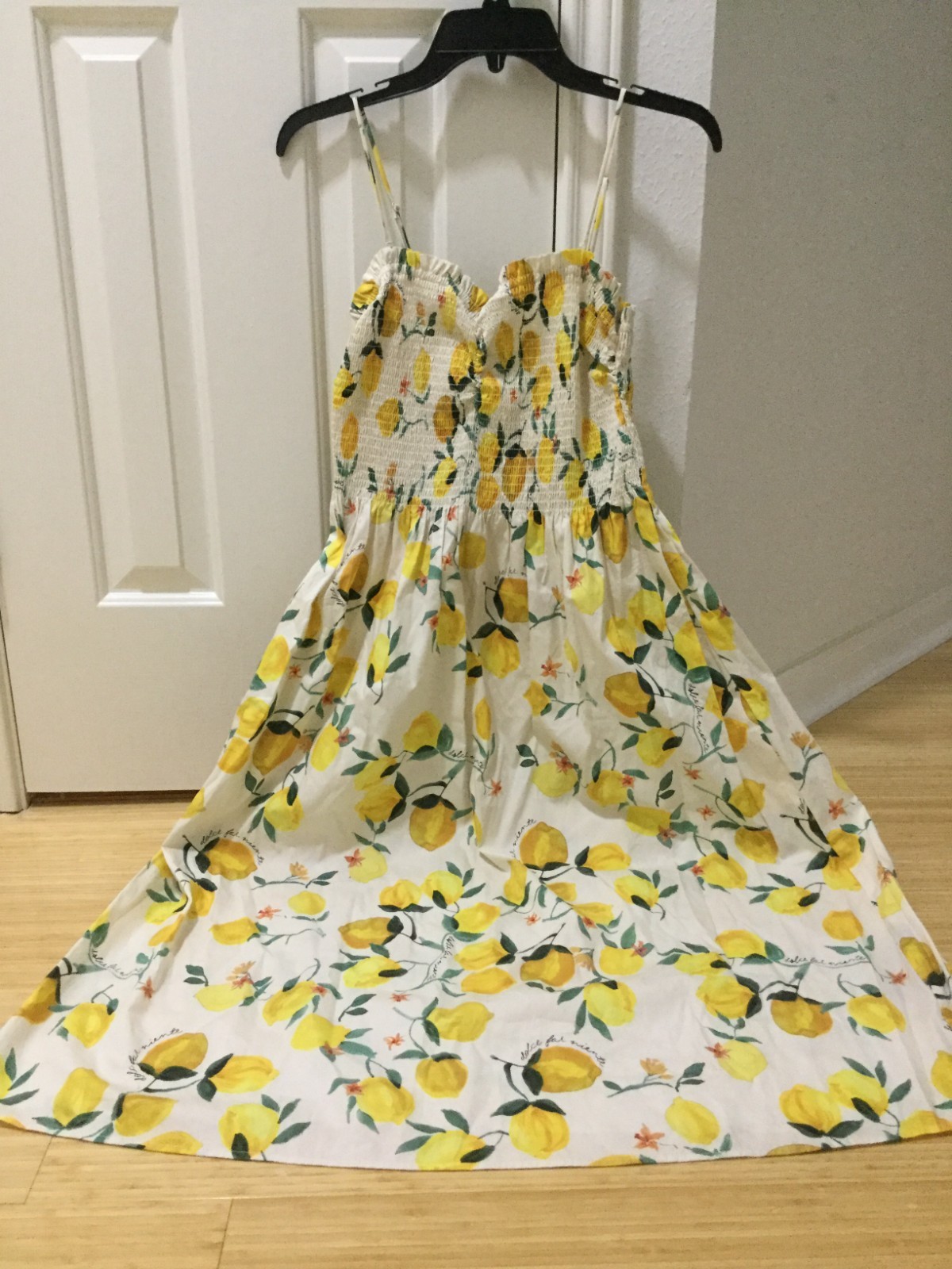 H&M SMOCKED BODICE CREAM LEMONS PRINT 100% COTTON POPLIN MIDI DRESS SIZE L