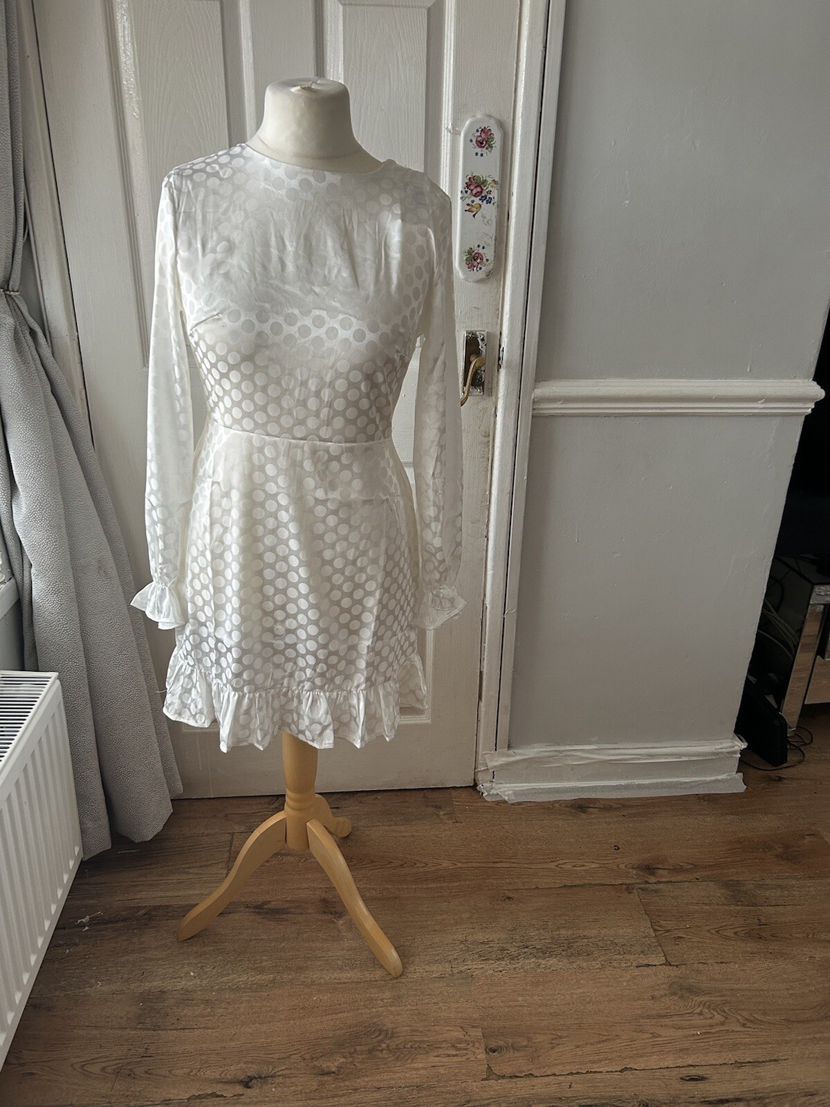 Blume Bridal Satin Spot Mini Dress with Bow Back In White Size 12