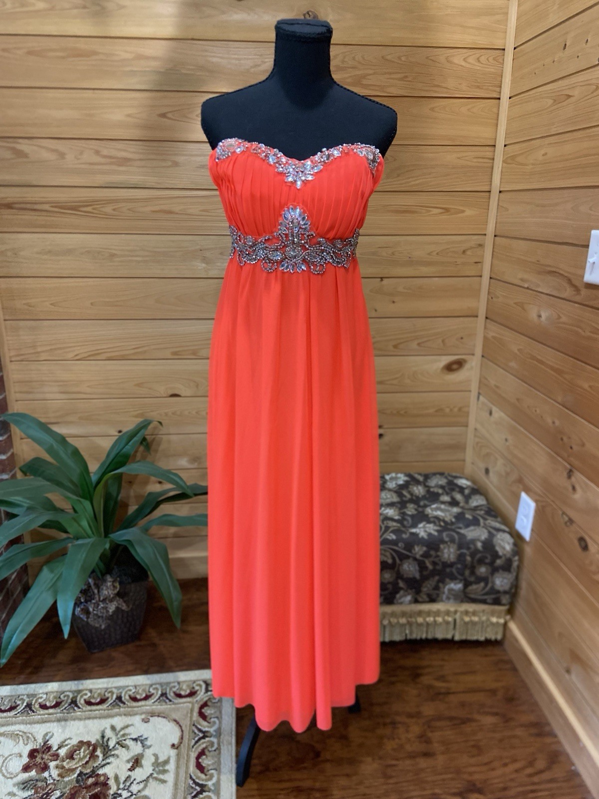 My Michelle Juniors 11 Orange Strapless Sweetheart Chiffon Beaded Gown Zip