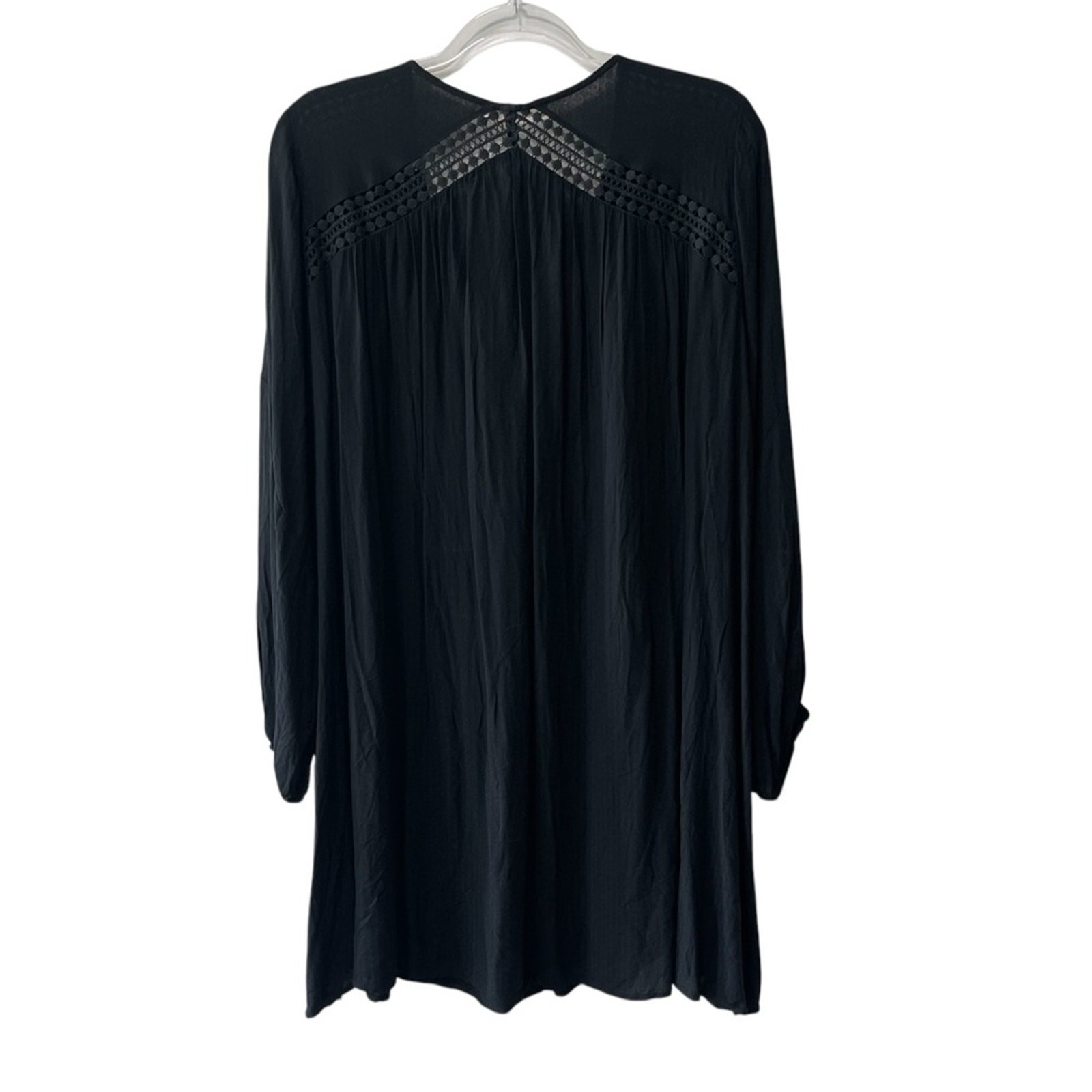 Lush Long Sleeve Lace Trim Front Tie Boho Mini Dress Black Size Large