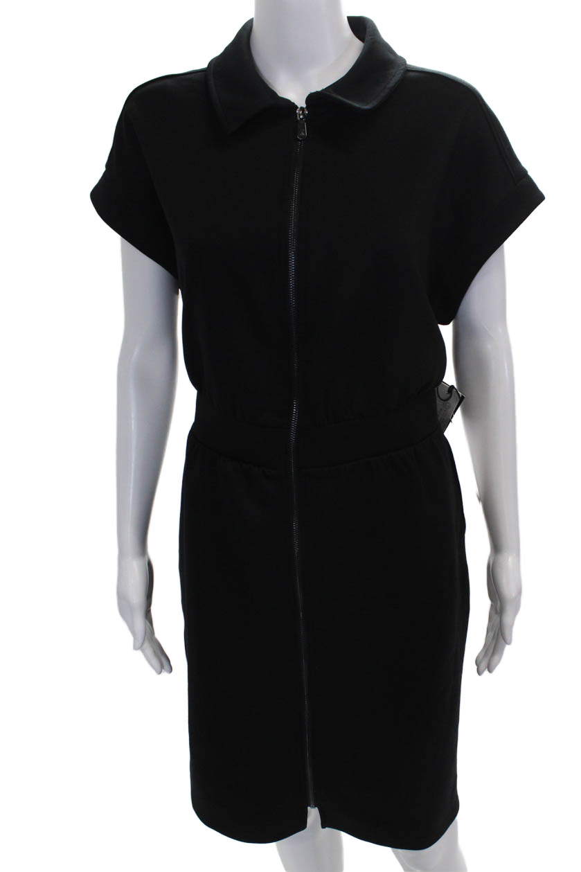 Kyodan Womens Shirt Dress Black Collared Short Sleeve Zip Polyester Size L