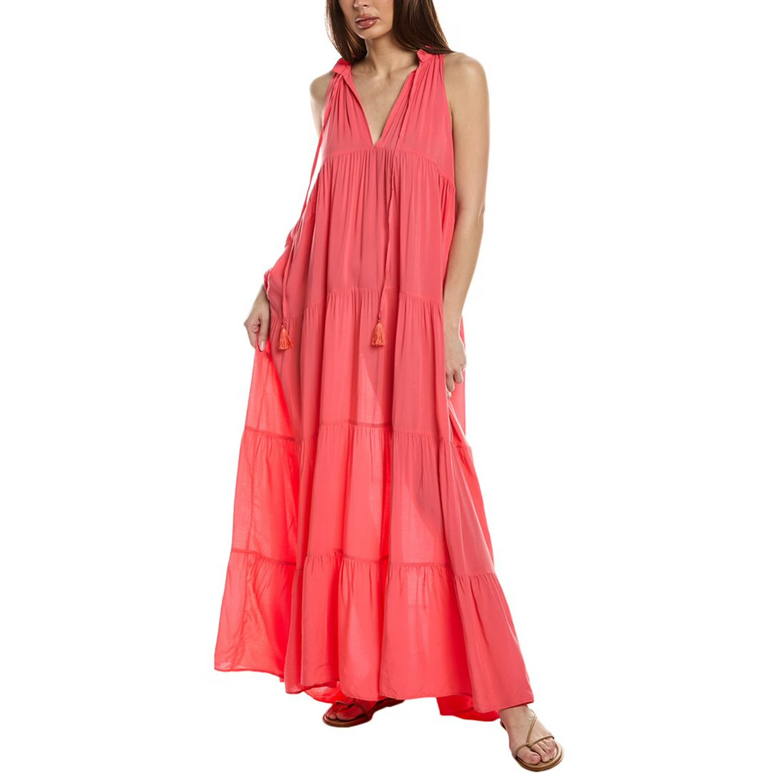 Vince Camuto V Neck Sleeveless Tiered Maxi Dress Cover Up Pop Coral Women’s S