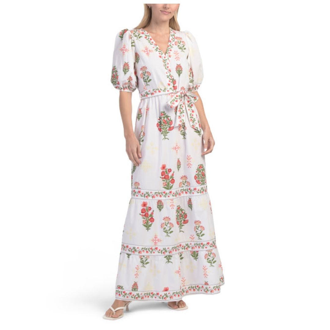 CELINA MOON “Floral Stamp” Short Puff Sleeve Woven Maxi Dress Floral White/Red L