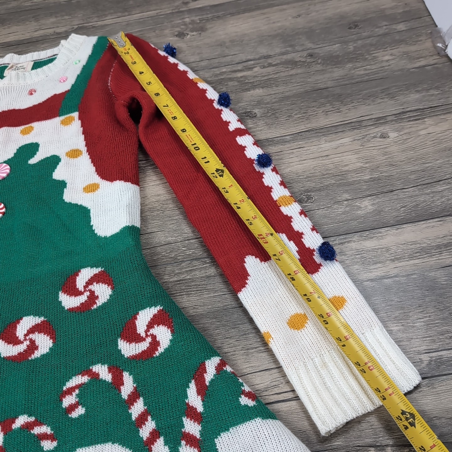 Kitschy Christmas Tree Holiday Fun Long Sleeve Dress Pom Poms Women’s XS