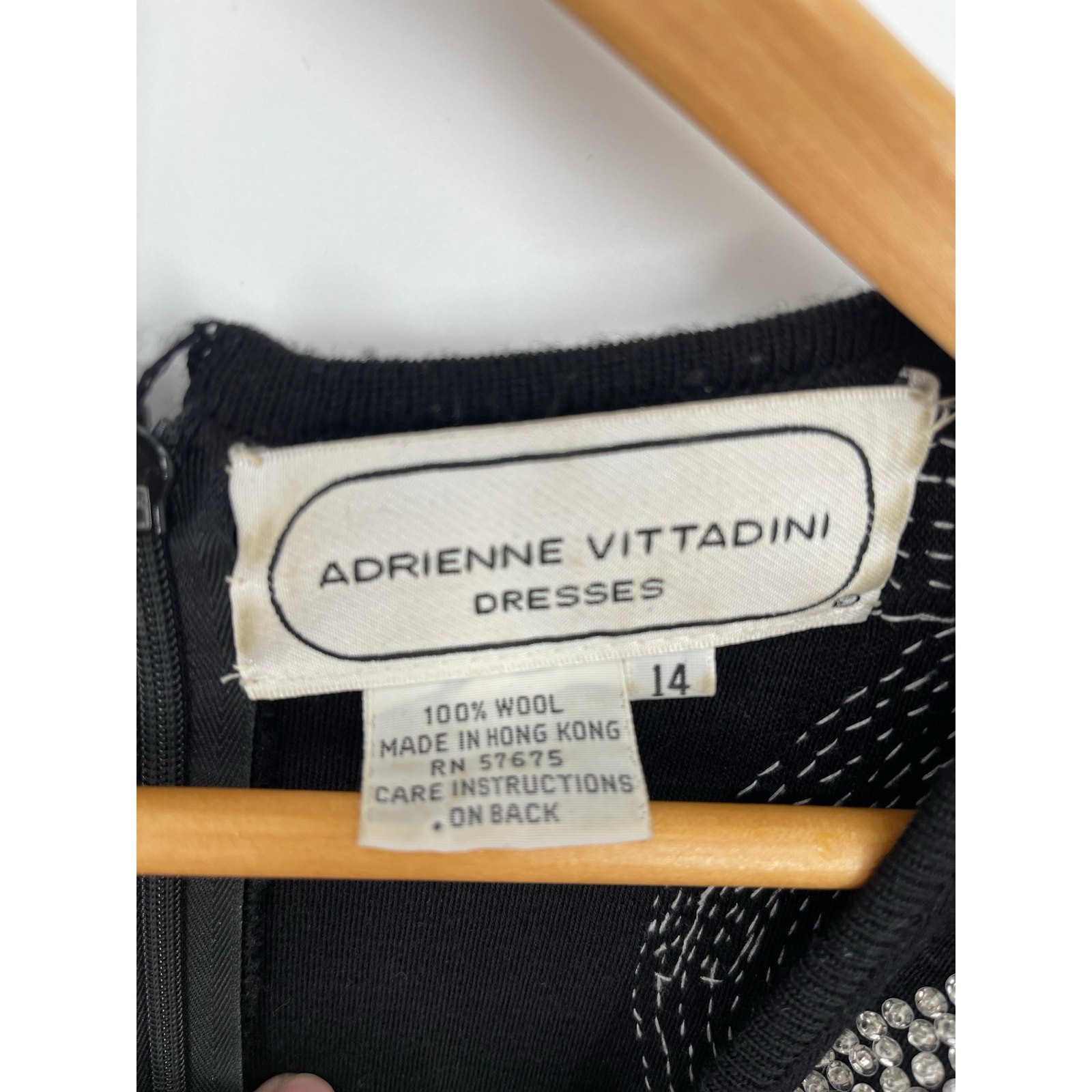 VTG Adrienne Vittadini Wool Beaded Bow Dress Black Long Sleeve 80s Sz 14 Evening