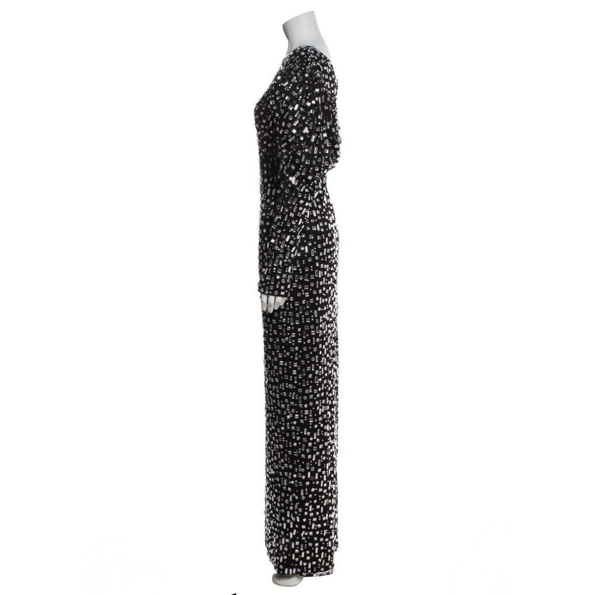 Mac Duggal One Shoulder Black Silver Crystal Puff Sleeve Back Slit Gown 8 NWT