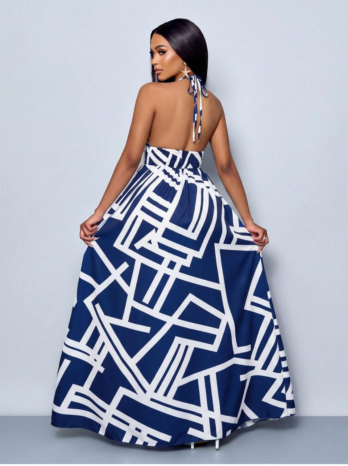 Women’s Blue and White Halter Backless Beaded Maxi Dress S/M/L