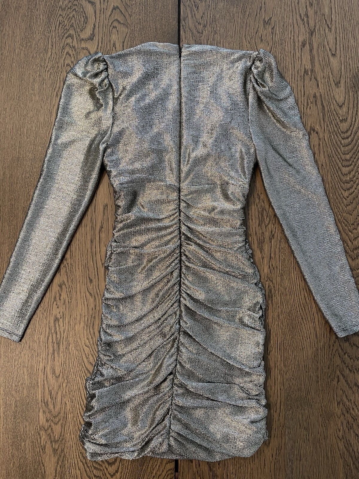 BCBGMAXAZRIA Metallic Gold Ruched Mini Dress Long Sleeve Plunge Neck Size XS