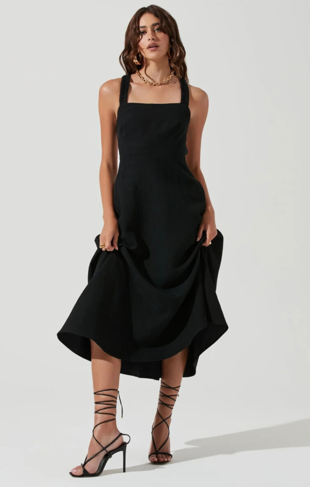 ASTR Valenz Linen Blend A Line Square Neck Criss Cross Back Midi Dress Black M