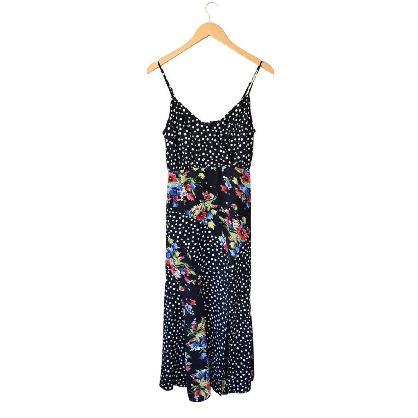 LIKELY Saige Midi Slip Dress Size 4 Black Floral Polka Dot Front Slit Revolve