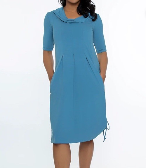 Ruby Jane Chloe Jersey Dress Sz L Pockets Fiji Blue Cowl Lagenlook USA Excellent