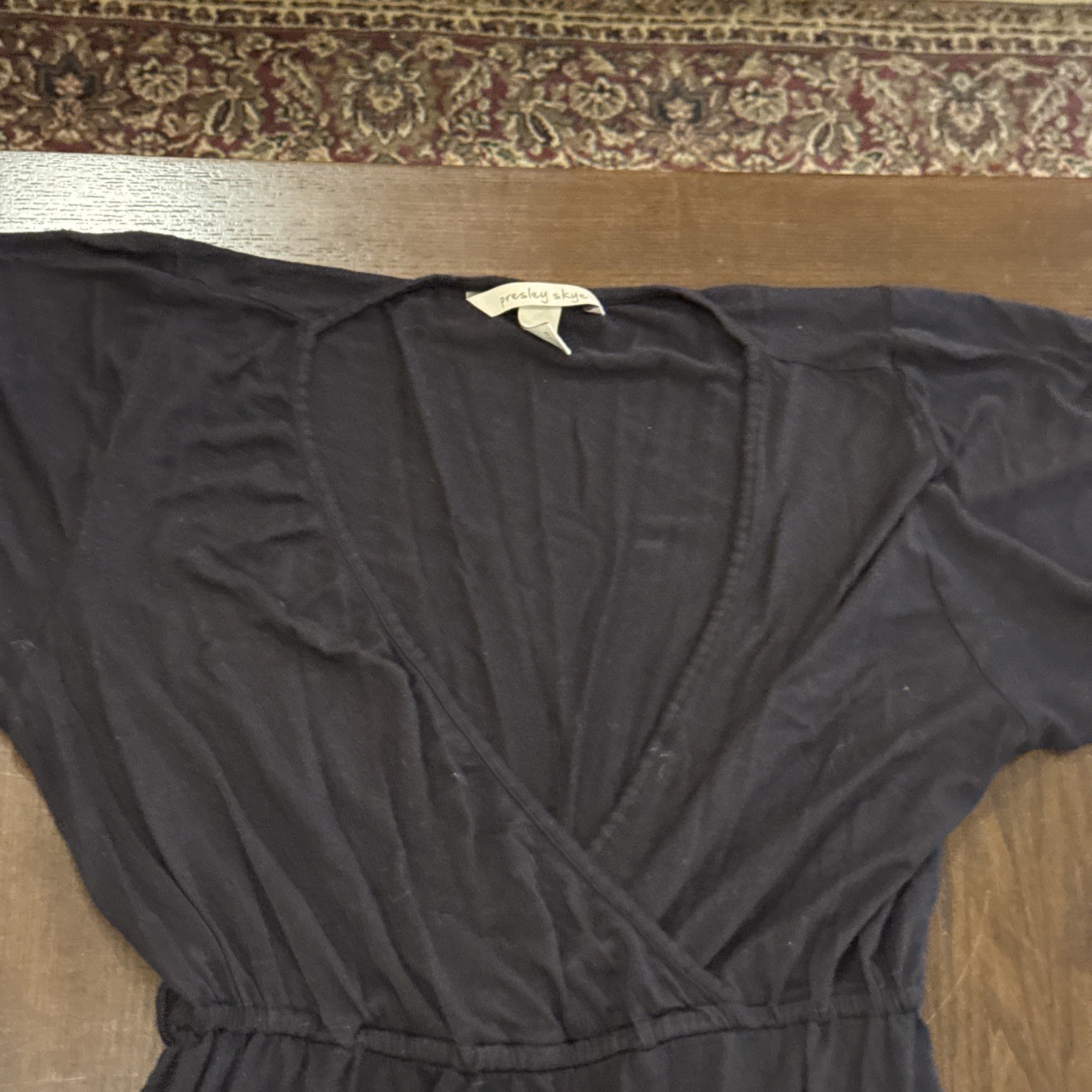 Presley Skye Belted Long Dress Black Simple V Neck Short Sleeve Medium USA