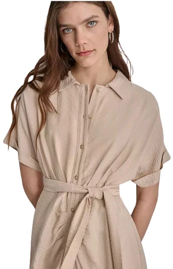 NWT DKNY Donna Karan Cotton Collared Button Belt Midi Shirt Dress Sz 14 Beige
