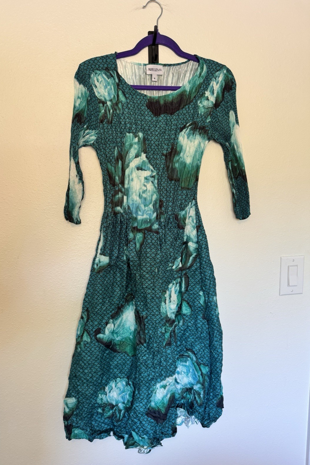 Alquema 3/4 Sleeve Smash Pocket Dress Aqua Flowers Crinkle Size 0 US 2/4 EUC