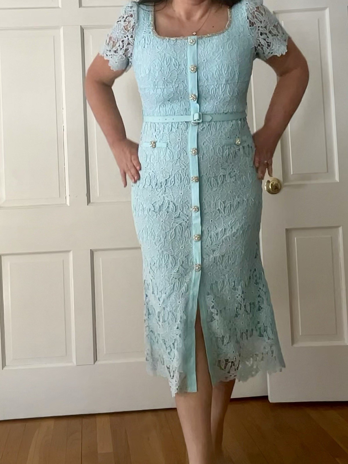 Embroidered Lace Dress With Embellished Button Front Light Teal Blue Fits 10/12