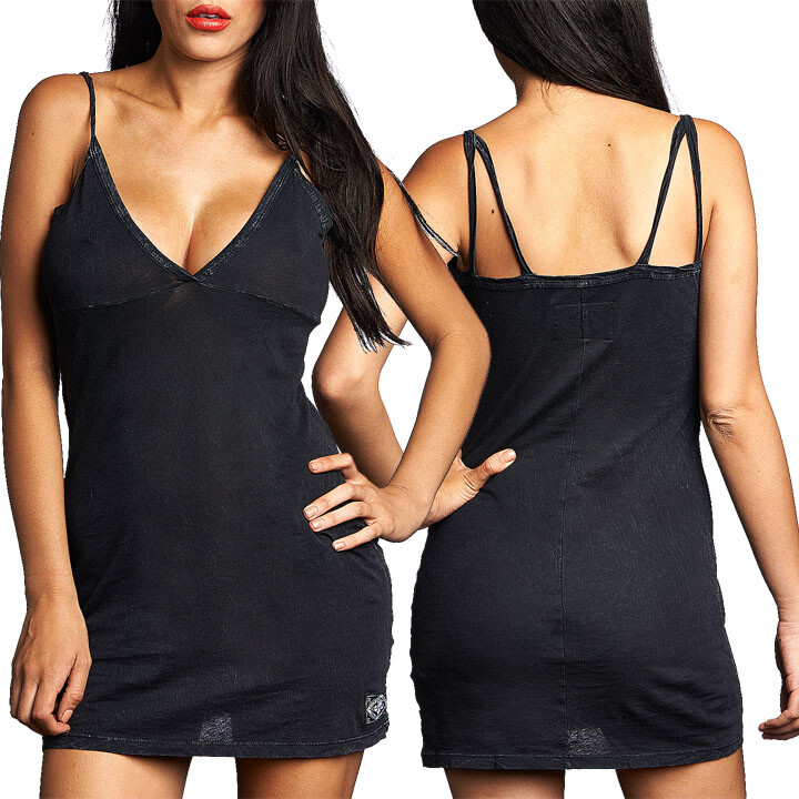 Affliction Standard Double Strap Women V-Neck Tank Halter Dress Solid Black S-XL