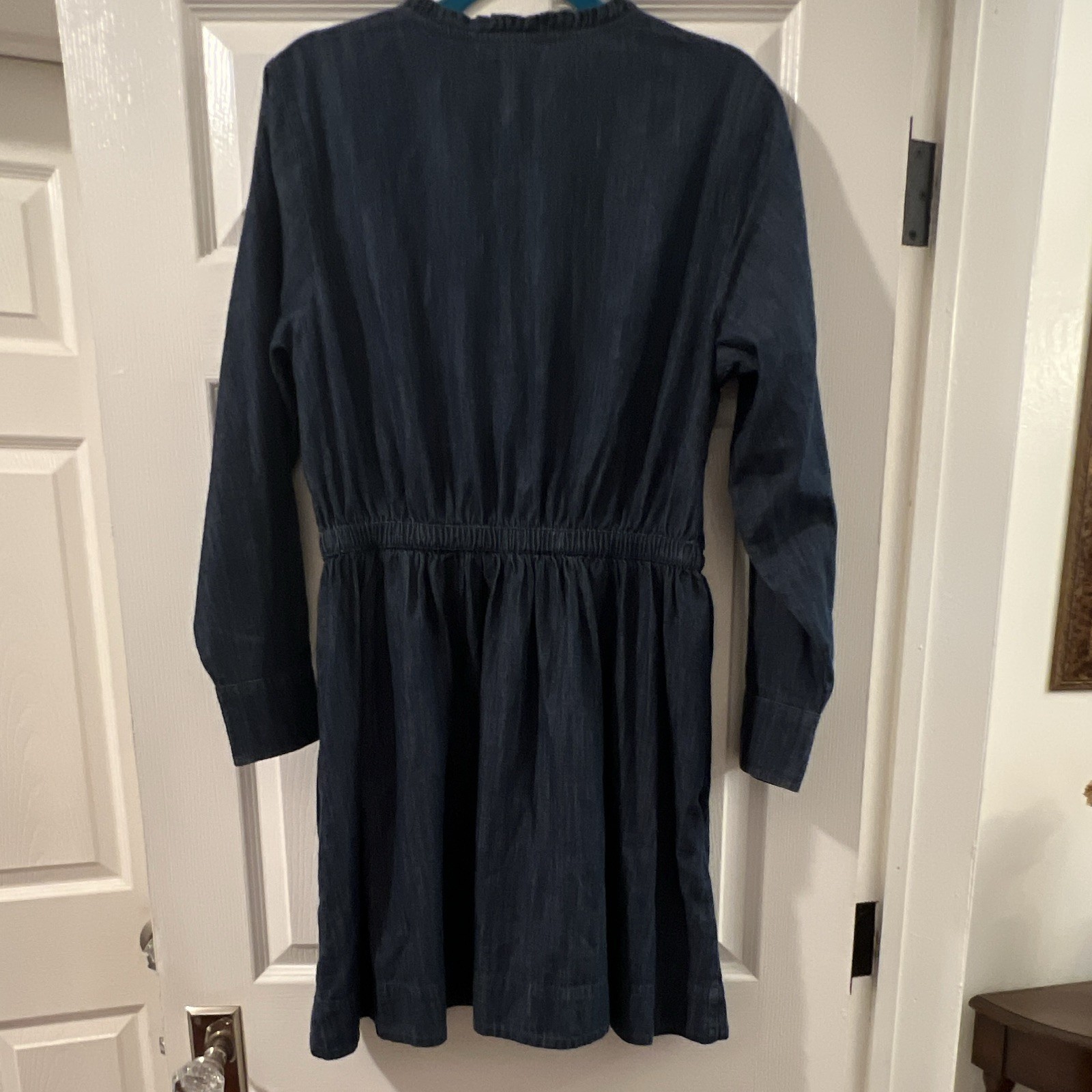 Free Assembly Blue Solid Denim V-Neck Pockets, Long Sleeve Fit & Flare Knee, LRG