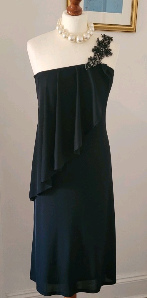 CLAUDIE AMOS Vintage Black One Shoulder Floral Applique Dress UK8 Made In UK