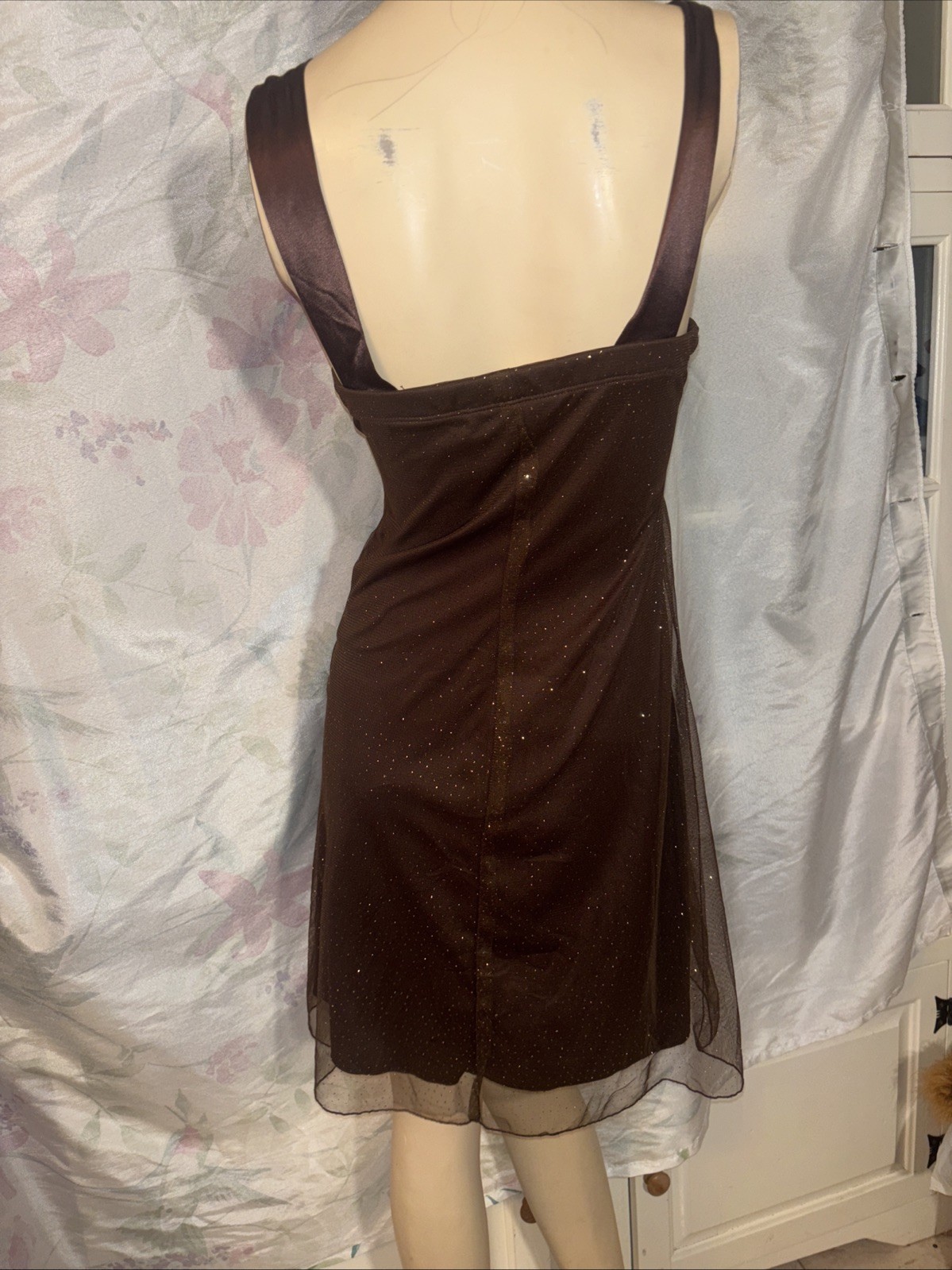 SPEECHLESS,brown tulle,tiny silver dots,satin bow,z5,S,pleats,shirred,New,UNIQUE