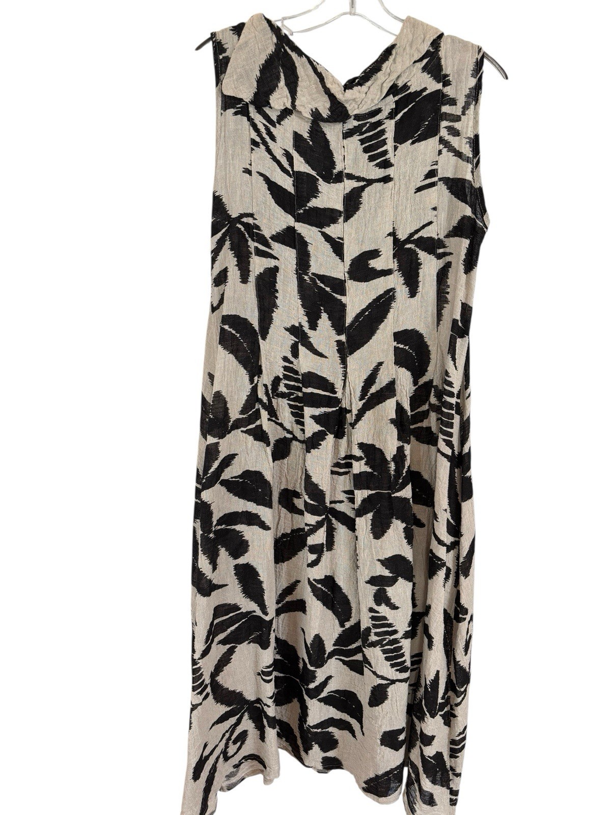 Luukaa Linen Blend Sleeveless Dress Lagenlook Cowl Neck Beige Black Abstract