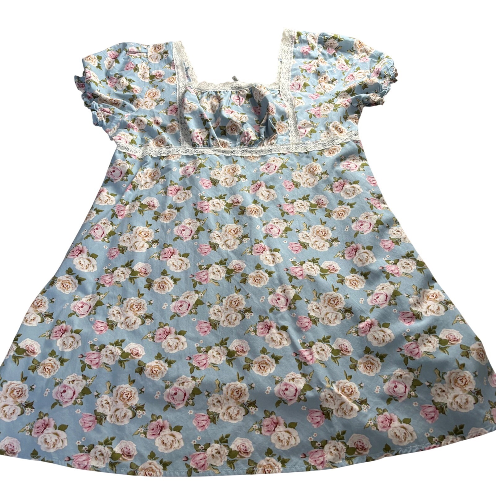Celebrity Pink Blue Floral Lace Trim Babydoll Dress XXL Cottagecore Smocked Back
