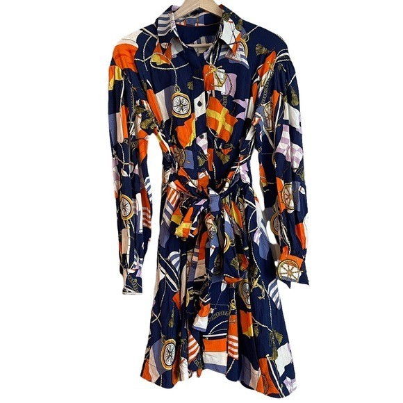 ANTHROPOLOGIE NWT Maeve Waist Tie Silky Viscose Novelty Flag Shirt Dress size XS