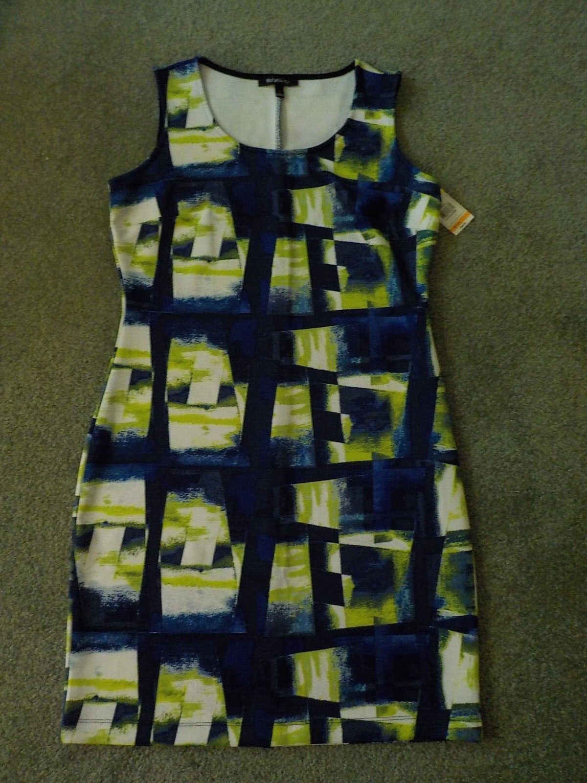 Misses Sheath Knit Dress, Sleeveless, Knee Length, Blue Geometric, Small, New