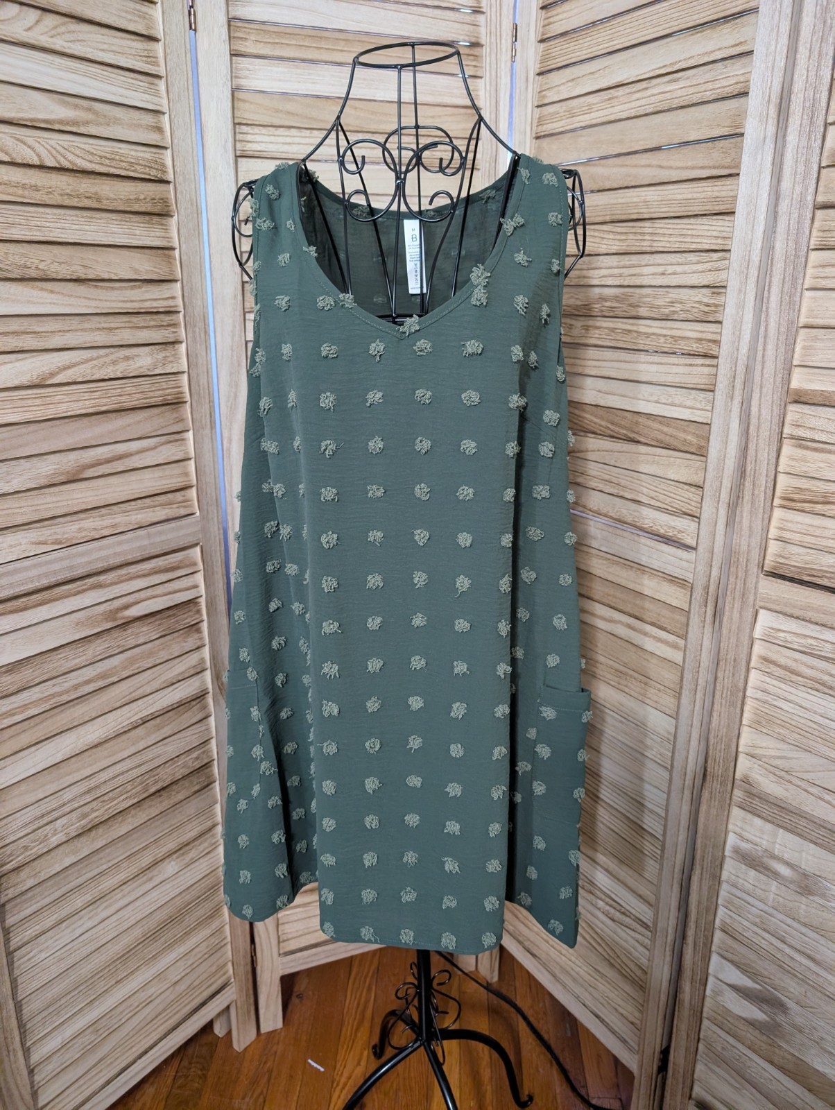 Blooming Jelly Khaki Green Sleeveless Boho Mini Dress Pockets Fuzzy Dots Medium