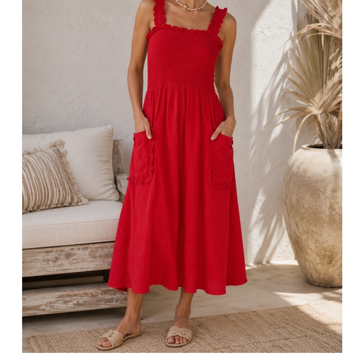 C&C California Red Cotton Gauze Smocked Midi Dress Ruffle Straps Coastal Summer