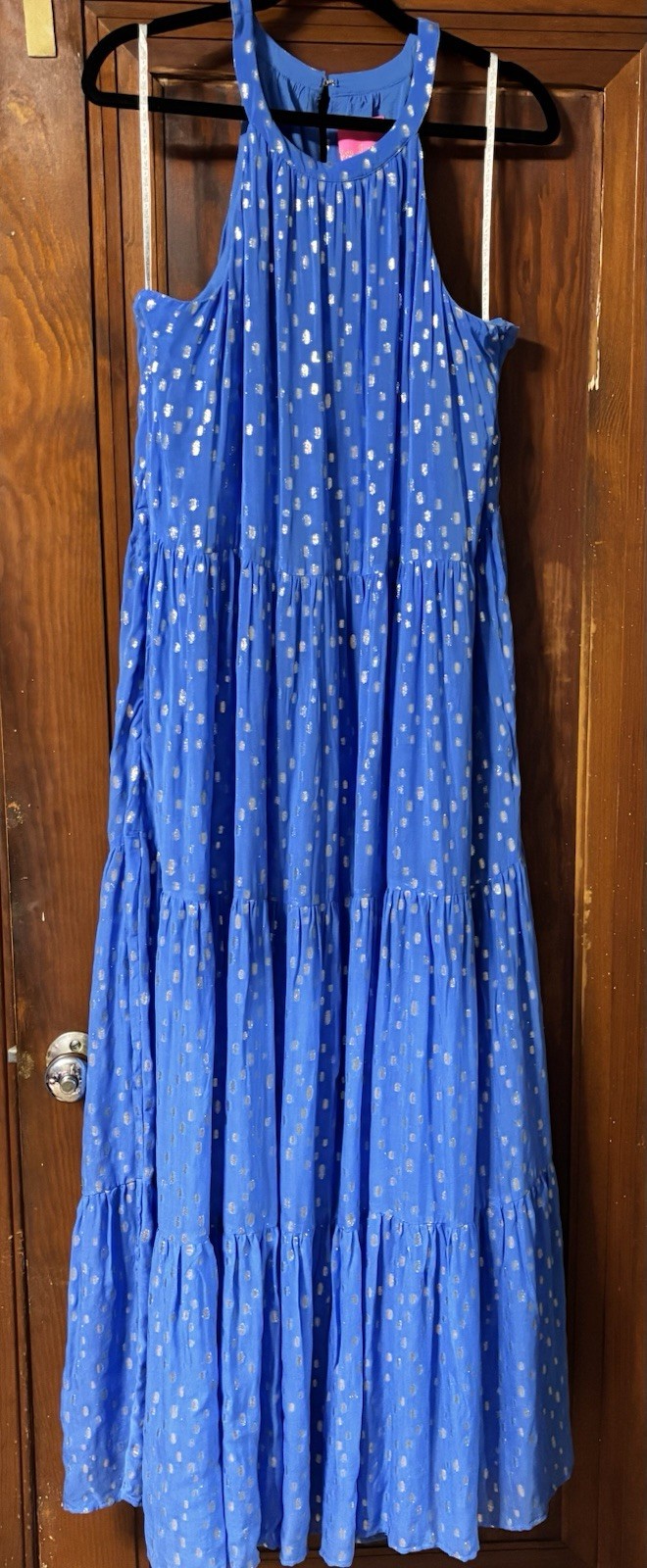 Lilly Pulitzer XL Beccalyn Halter Tiered Maxi Dress Boca Blue w/Metallic Dots