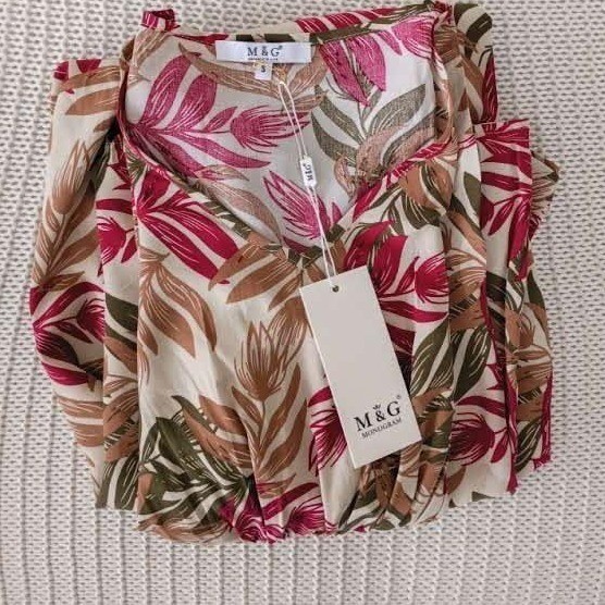 Parisian NWT Tropical Leaf Maxi Dress S 100% Cotton Pink Green Long Slv $158