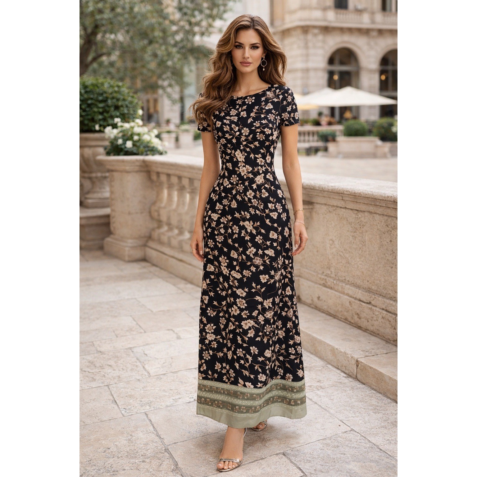 Kathie Lee Maxi Dress Women 10 Black Floral Cottage Boho Romantic Capsule Modest
