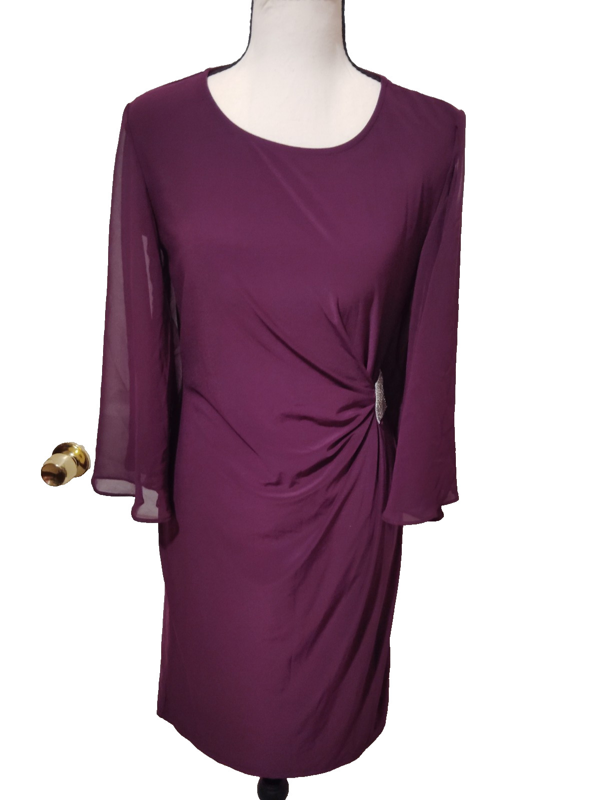 WOMEN’S PURPLE RUCHED SHEAT COCKTAIL DRESS RHINESTONE ACCENT BELL SLEEVE SMALL