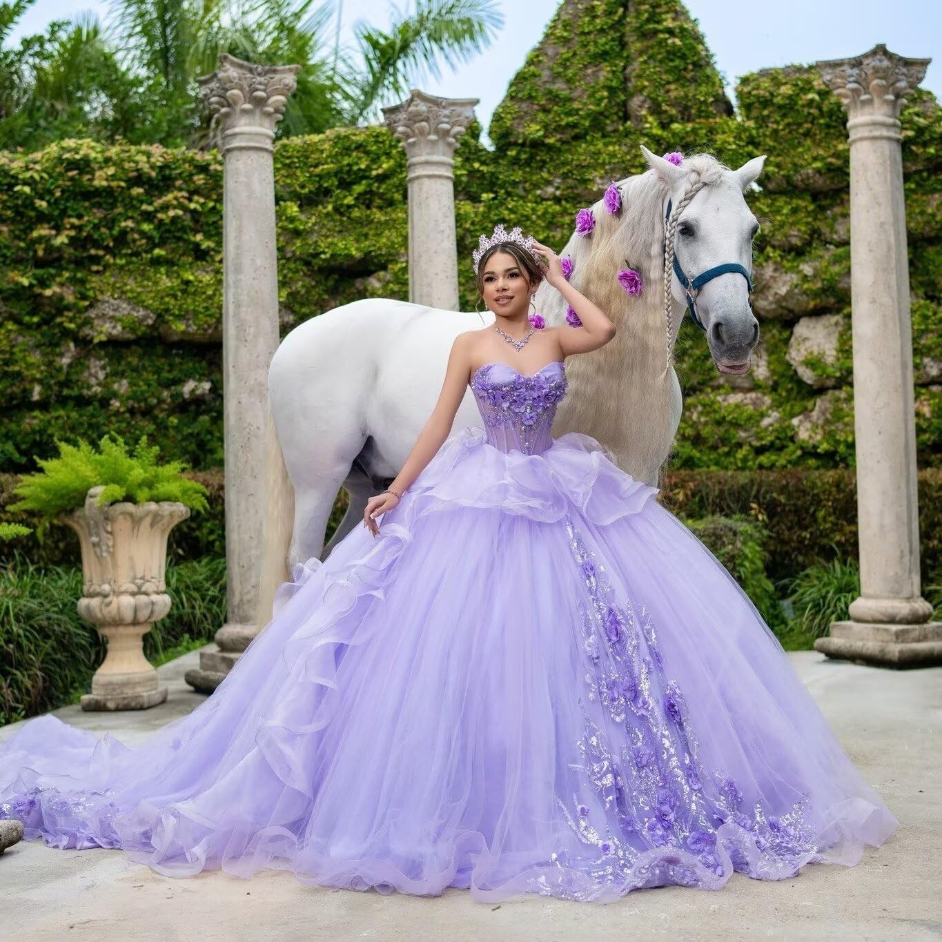 Elegant Flower Strapless Quinceanera Dress Ruffle Tulle Sweet 15 16 Ball Gowns