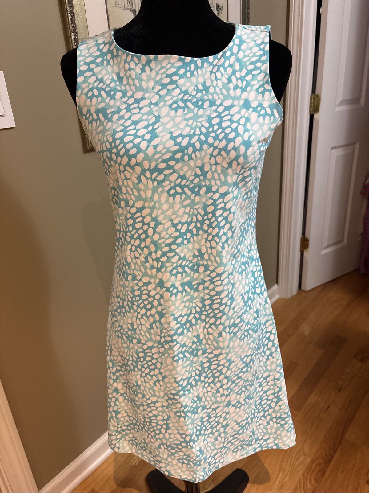Mahi Gold Blue White print Stretch Dress Sleeveless Size S Fitted