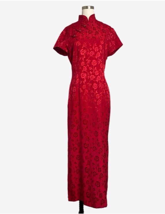 Vintage Y2K Dressbarn Red Floral Jacquard Cheongsam maxi dress eastern chic M