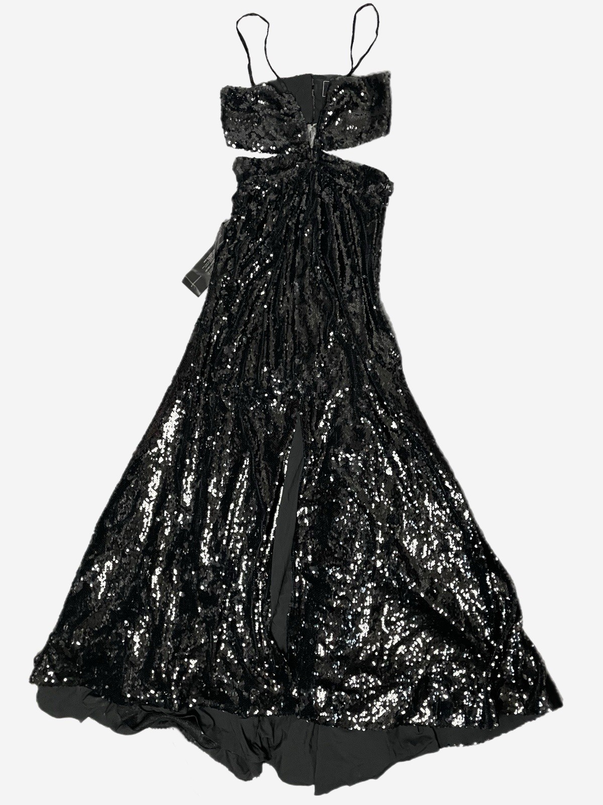 BCBGMaxAzria NWT Giacomo Black sequin cut out open back formal maxi gown slit 0