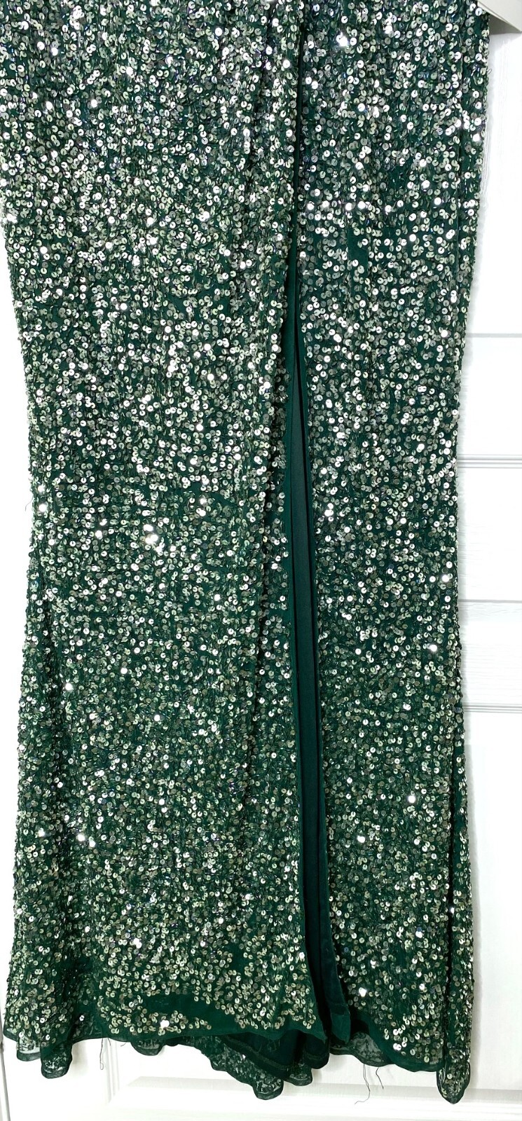 MAC DUGGAL 5489 Forest Green Sequin Beaded High Slit Ruched Maxi Gown Dress 12