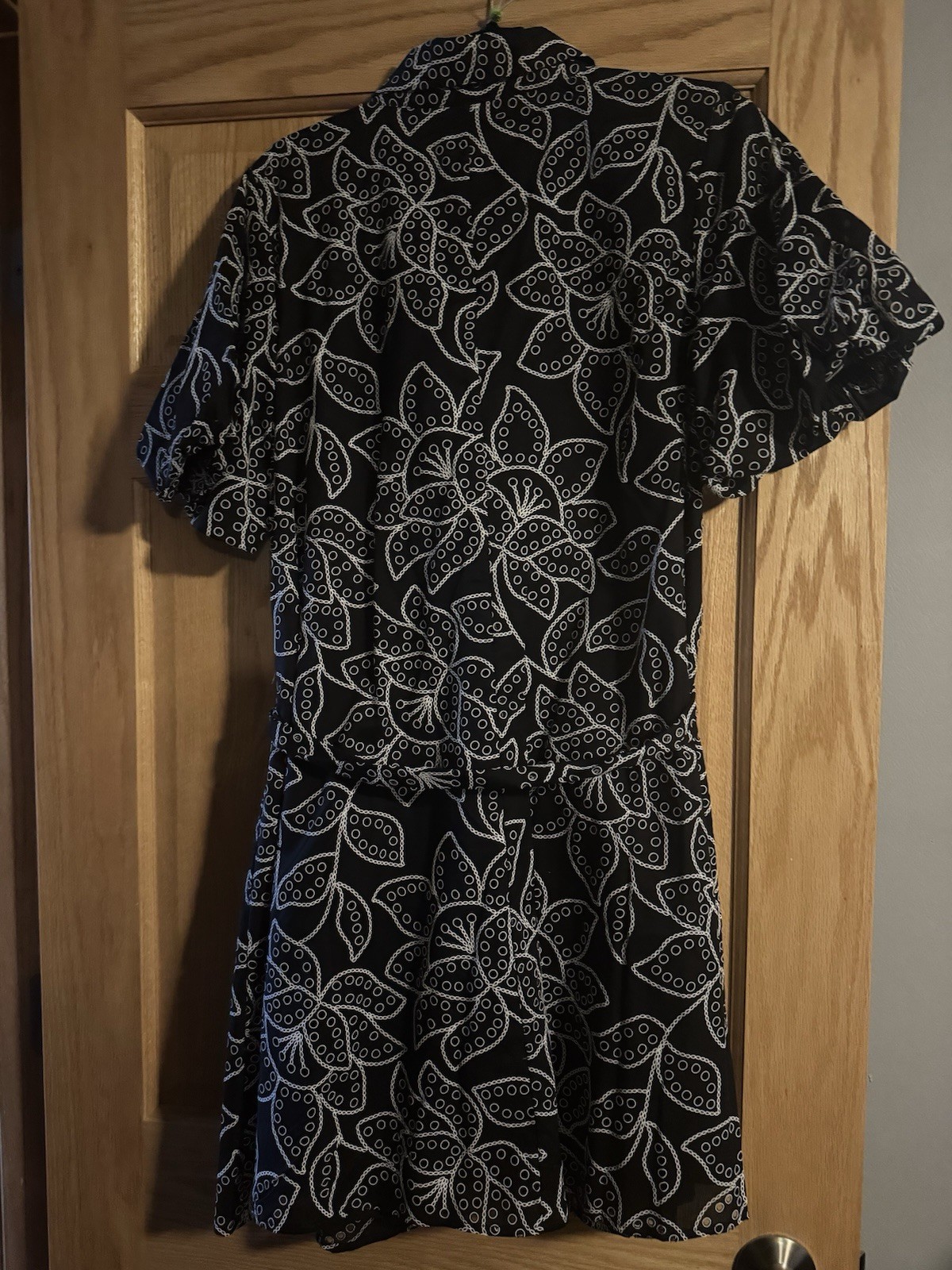 NWT Sam Edelman Short Puff Sleeve Eyelet Two Tone Dress Black White Belt Size 14