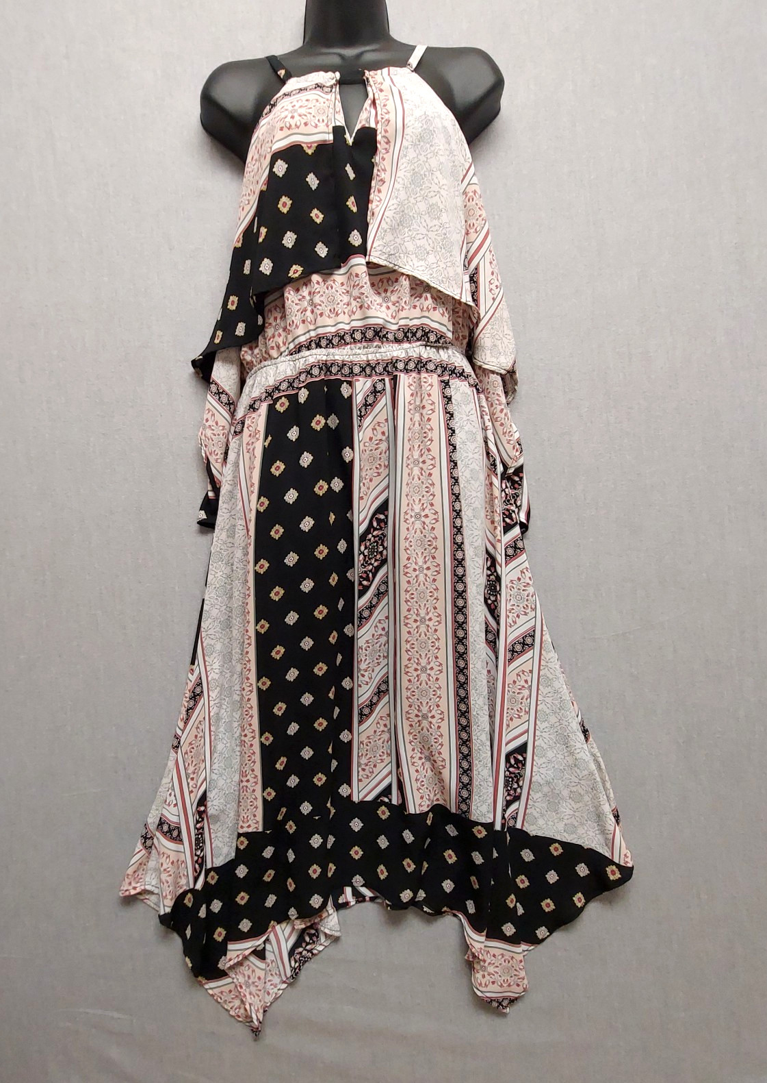 New York & Company Asymmetric Patchwork Maxi Dress M Boho Tie Neck Cape Overlay