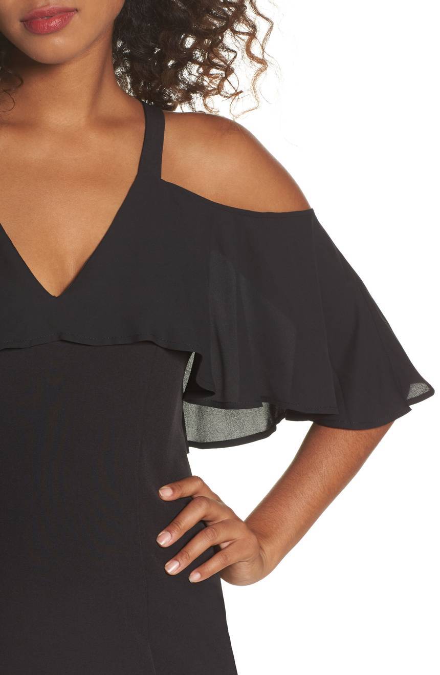 JAY GODFREY Black Flutter Chiffon Overlay Cold Shoulder Maxi Gown Dress 6 US S