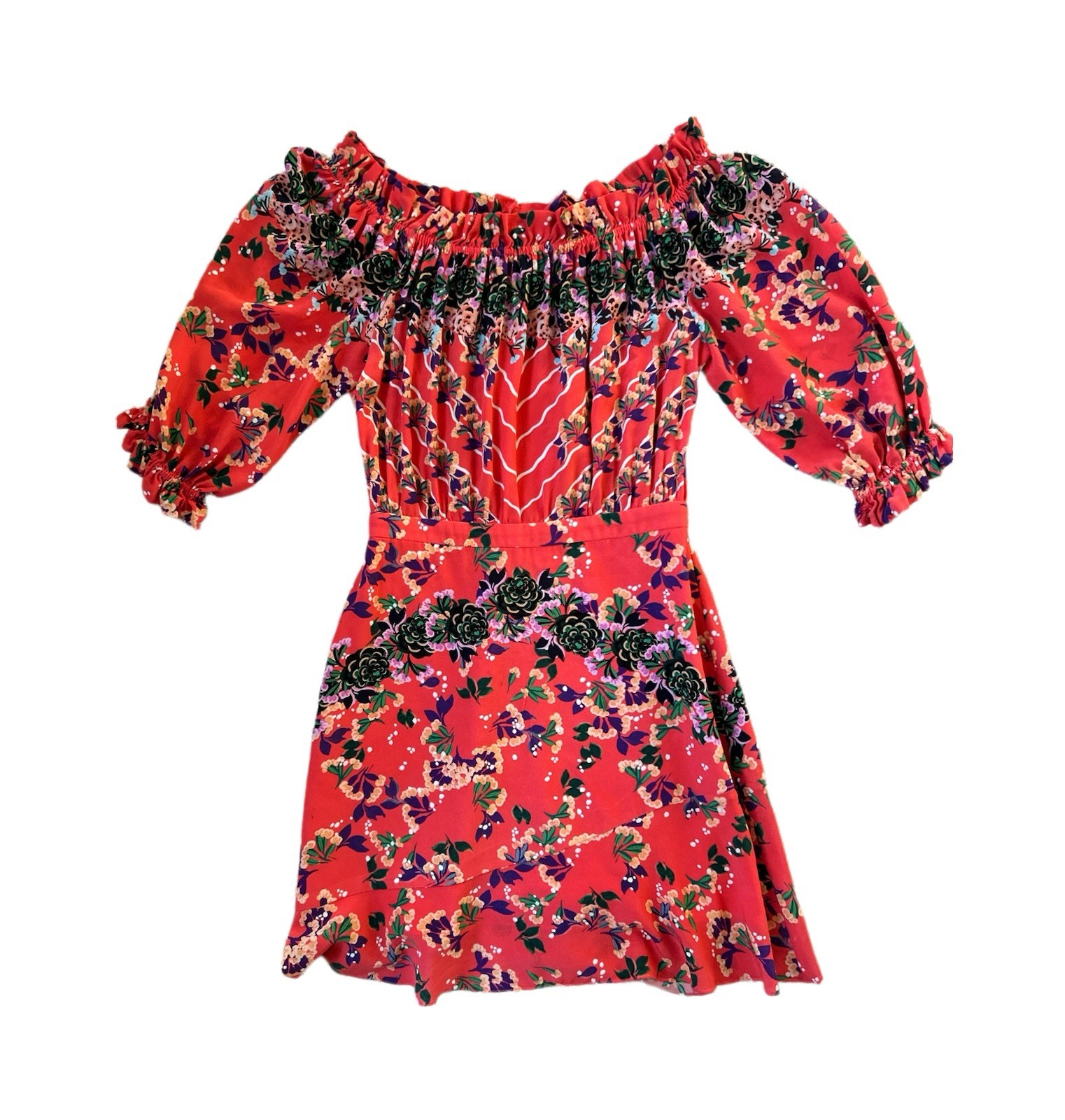 $485 Saloni Silk Grace Mini Dress, Tropical Coral, Off Shoulders,Ruffles,Size 2