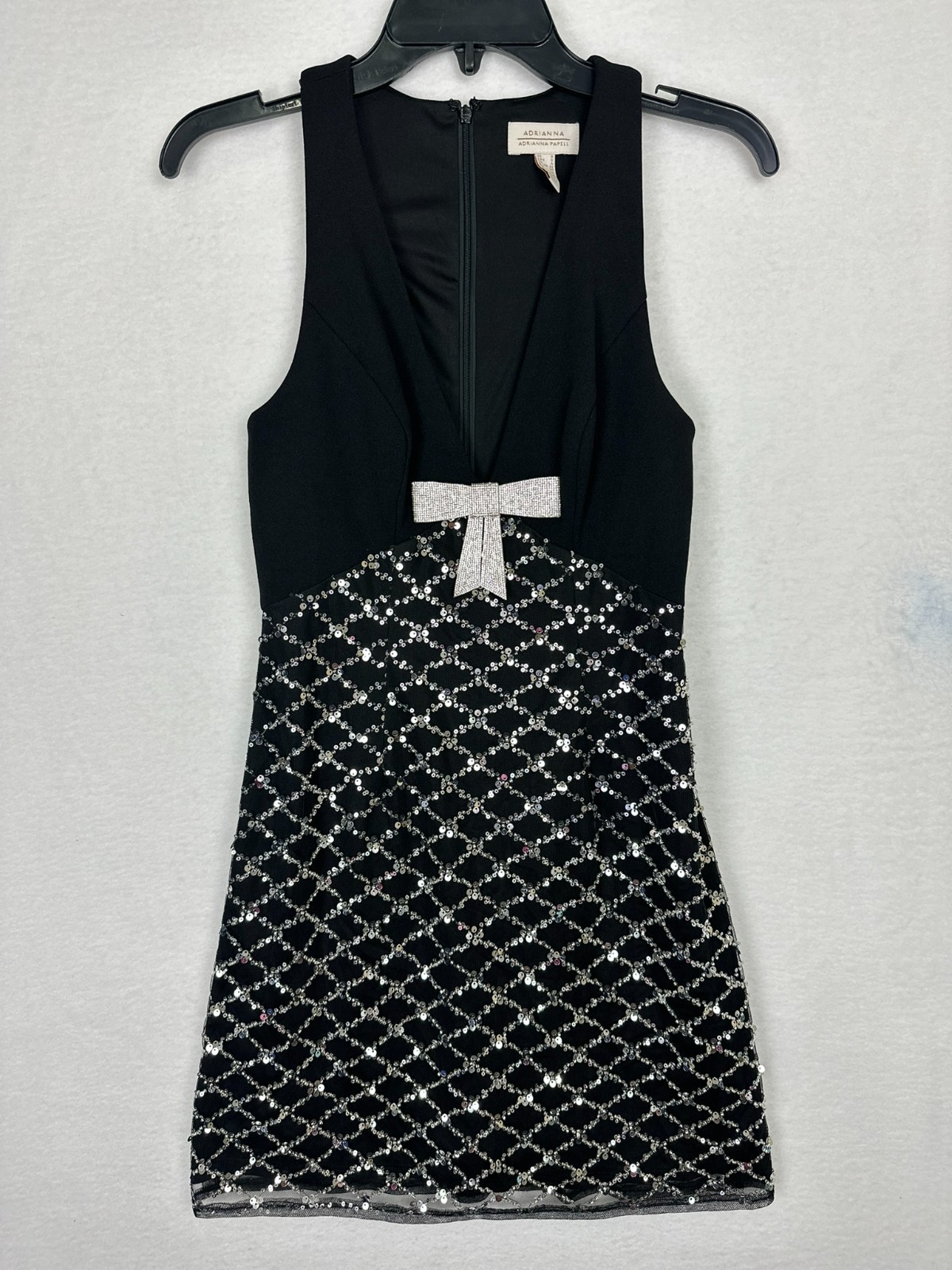 Adrianna Papell Mini Dress Black Silver Size 0 Sequined Rhinestone Bow NWT
