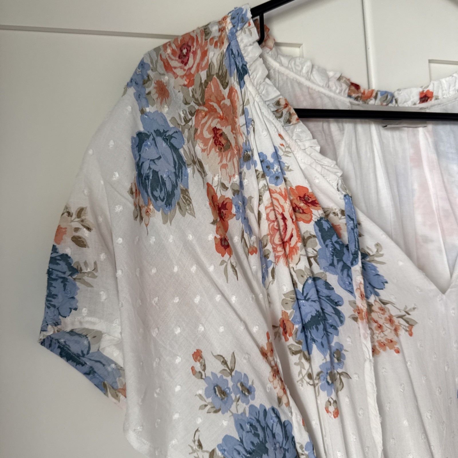 LOFT – White Floral Dress – XL – Lined – Orange and Blue Floral – Drawstring Ned