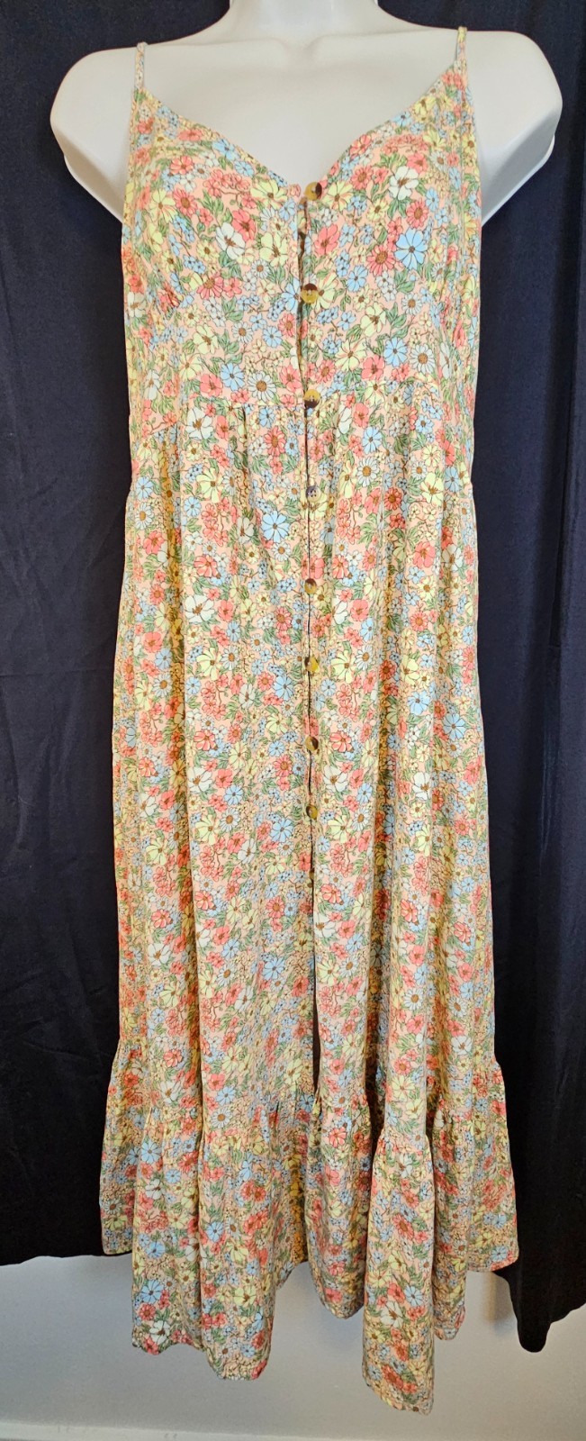 RIP CURL Floral Tiered Bottom Button Down Sundress Midi Shirred Back Size M